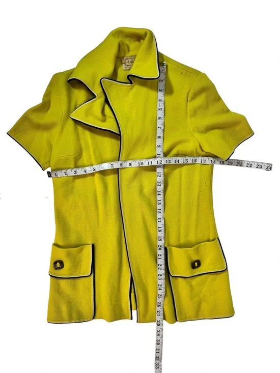 LUCIA YELLOW KNIT BLAZER JACKET WITH POCKETS VINTAGE BUTTONLESS TOP WOMAN MEDIUM - Picture 8 of 9